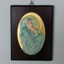 SP 084 cm 15x20 - Ovale di Madonna con Bambino in marmorina decorato a mano su pannello in legno